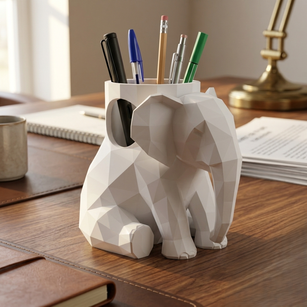 Low Poly Elephant Pen Holder – Functional Desk Organizer
