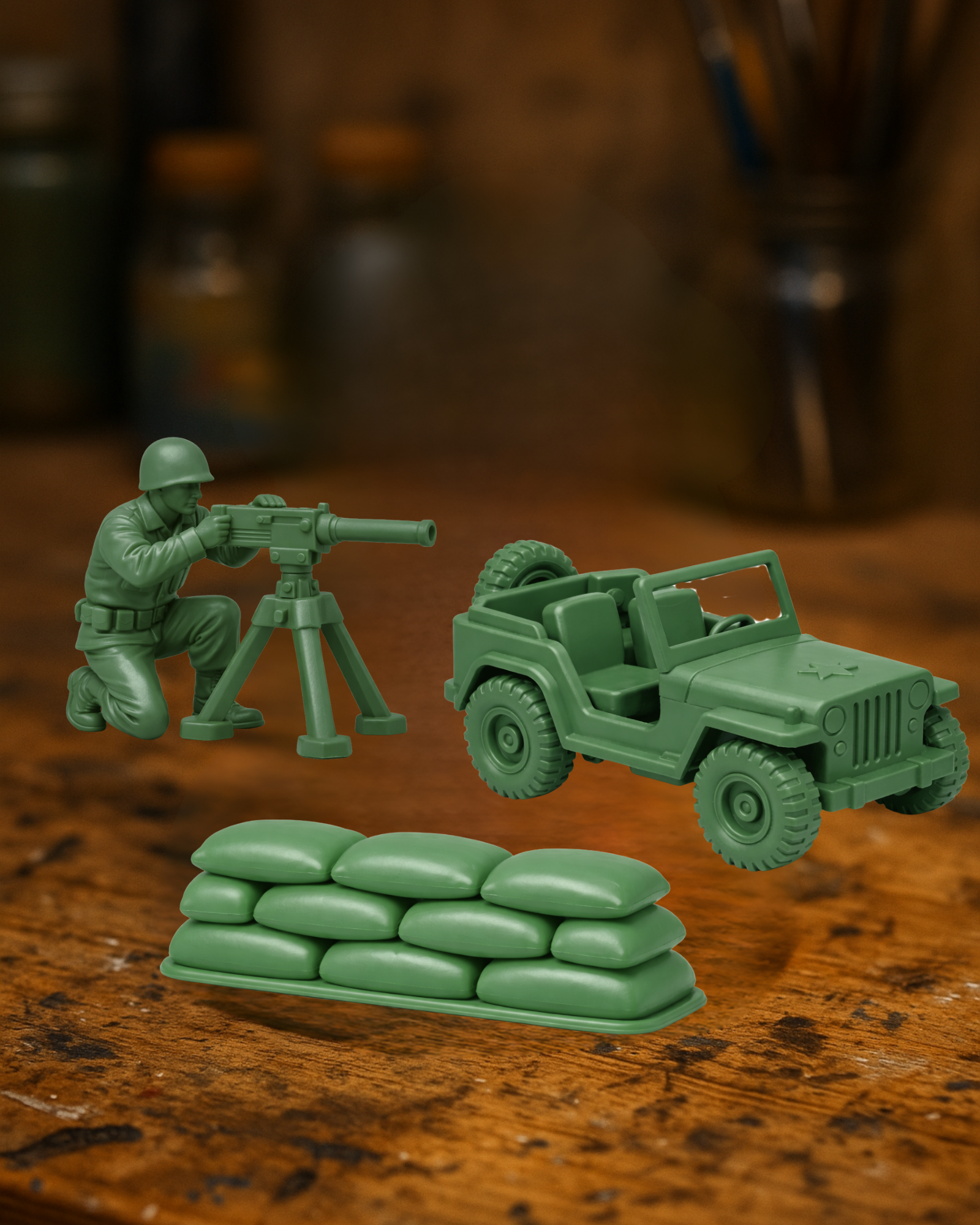 WWII Military Miniature Set – Jeep, Gunner & Sandbag Cover
