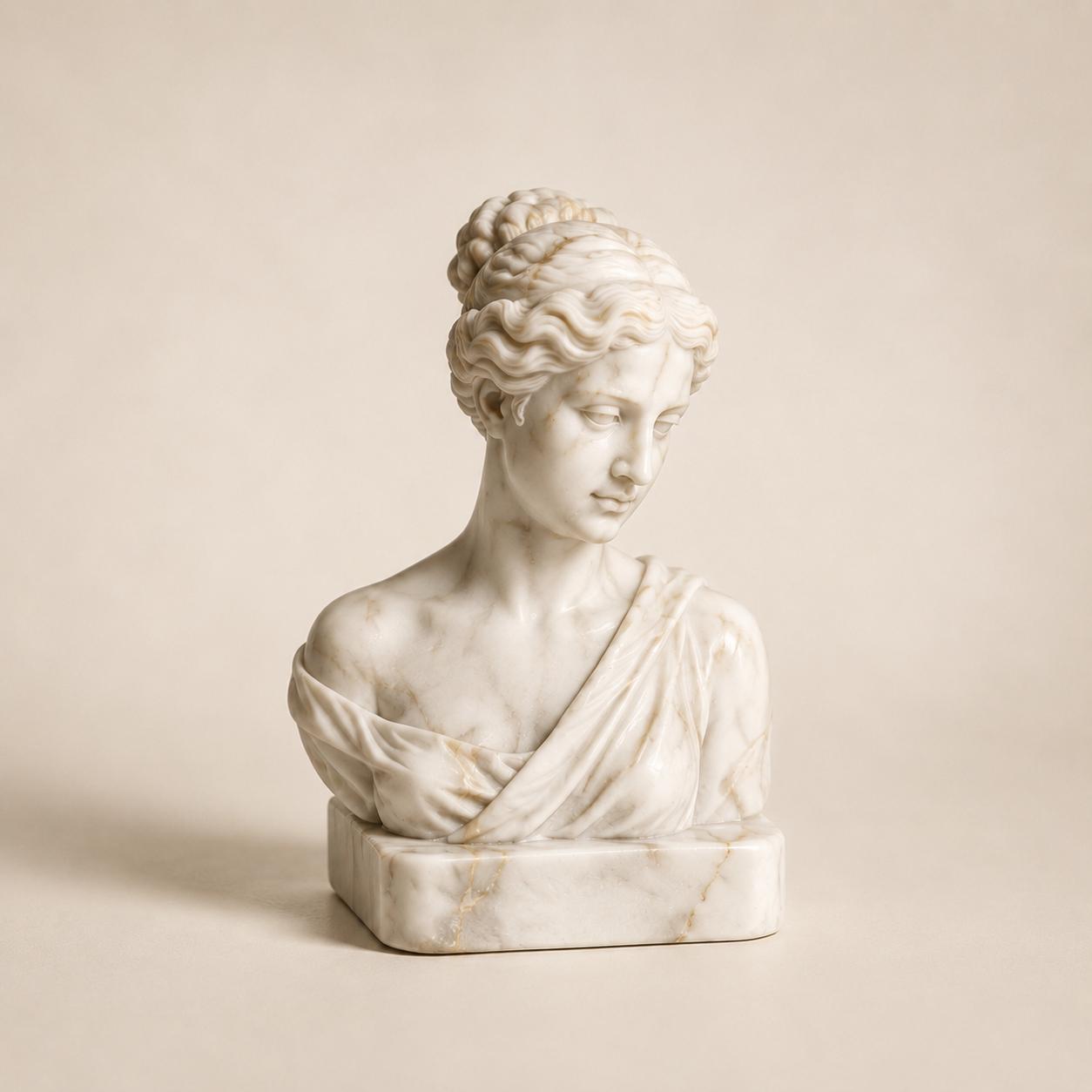 Classical Roman/Greek Woman Marble-Style Bust – Draped Shoulder Sculpture with Updo Hairstyle