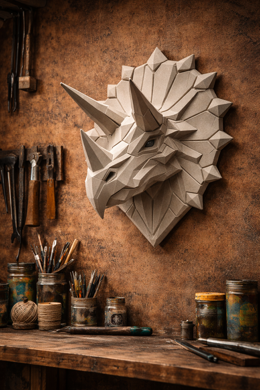 Low Poly Triceratops Wall Art – Geometric Dinosaur Sculpture