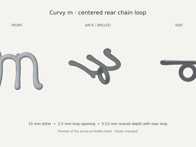 Curvy lowercase m pendant — 10 mm, centered rear loop