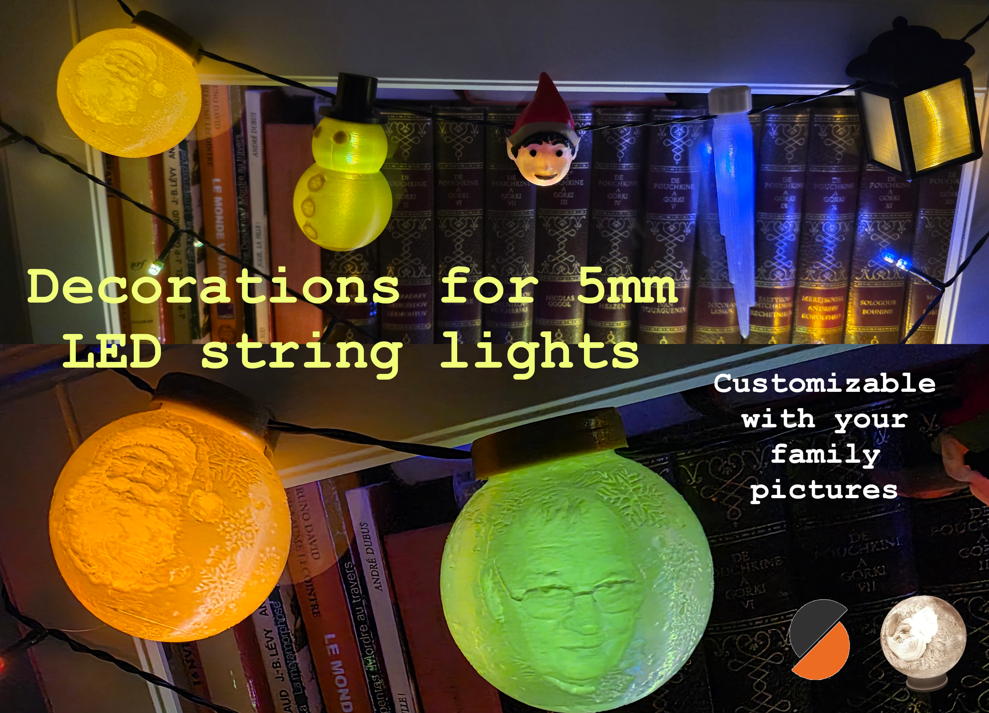 Christmas bauble with customizable lithophane, snowman, elf, icicle and lantern for LED string lights (<=5mm)