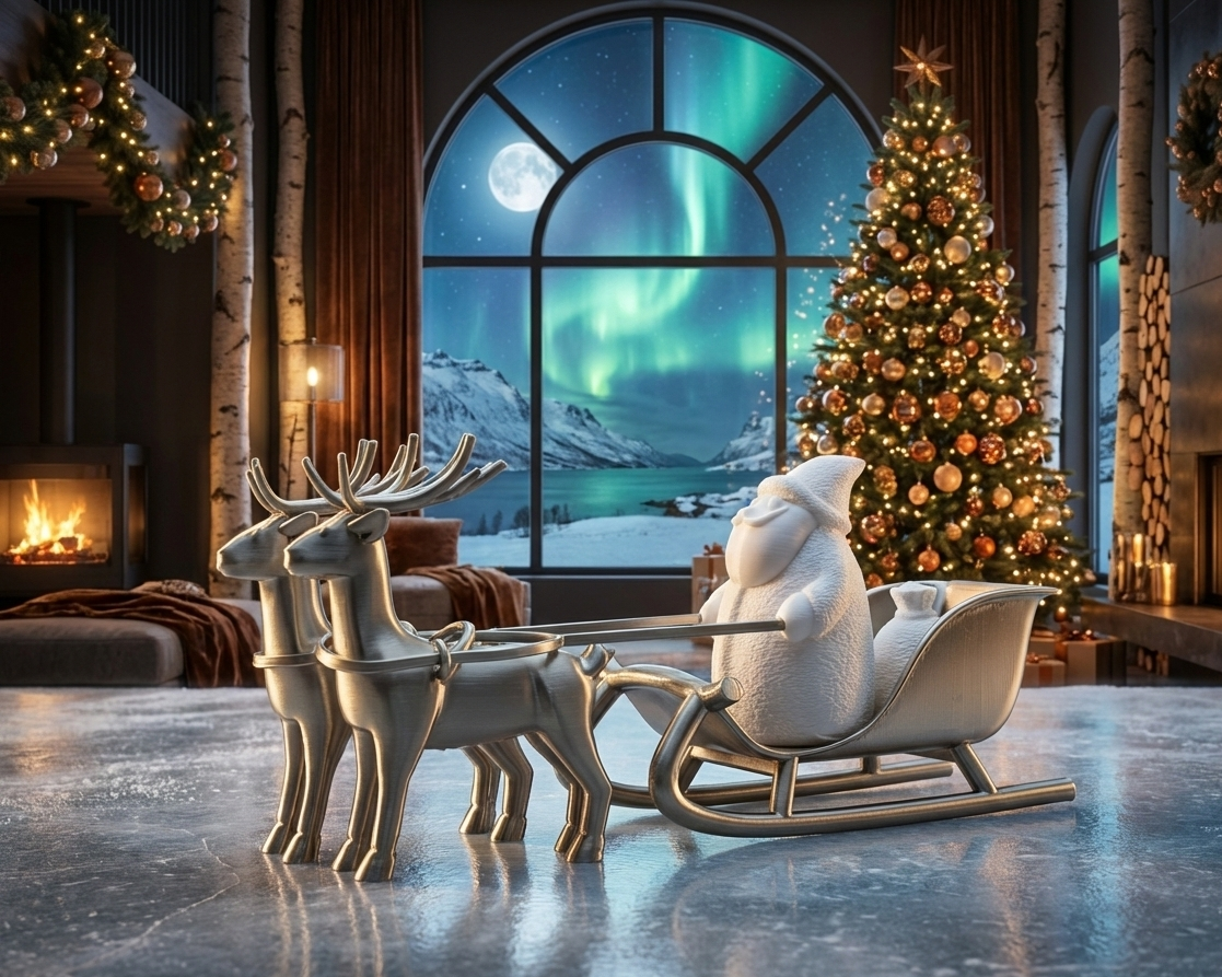 Santa Claus in his sleigh, led by two majestic reindeer!