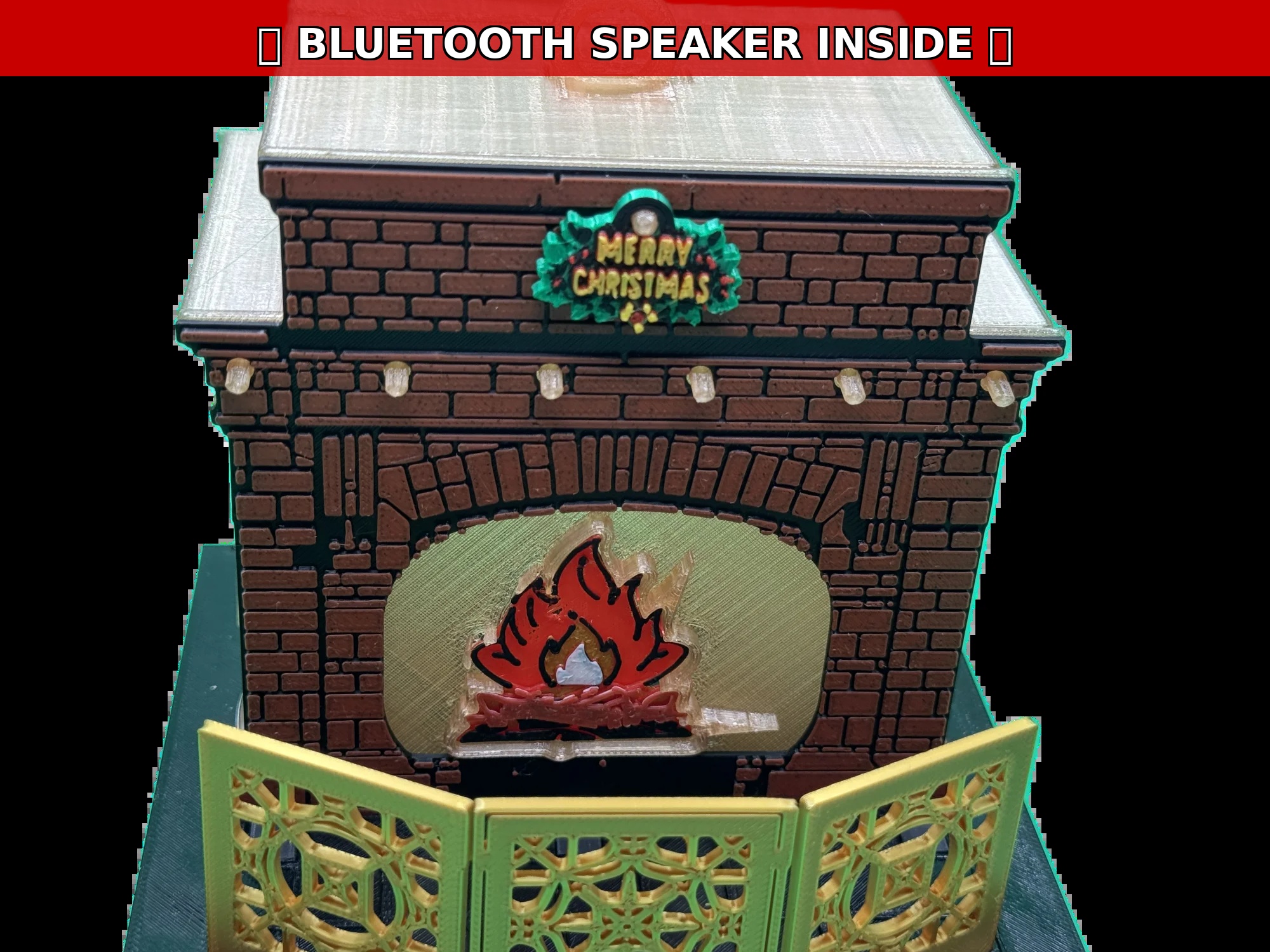 Christmas fire place with bluetooth speaker
