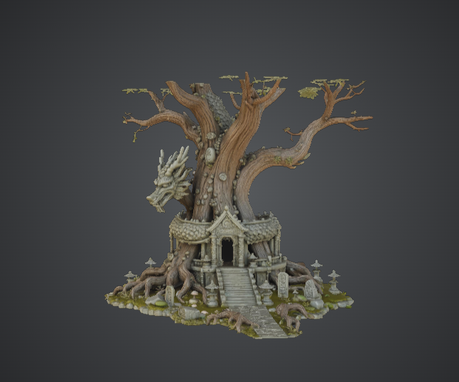 Ancient Dragon Tree Temple – Fantasy Sacred Tree Shrine with Dragon Skull