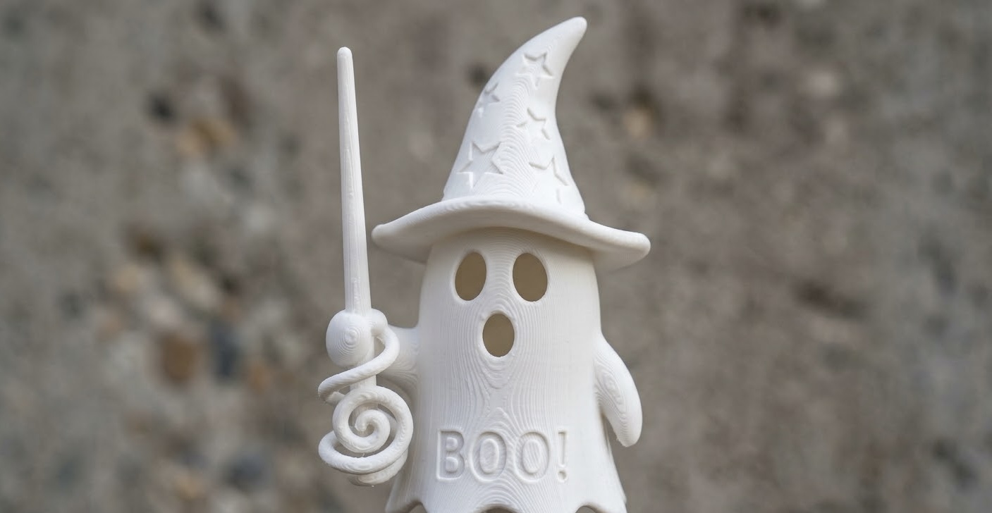 Cute Ghost Wizard with Magic Wand and BOO Text