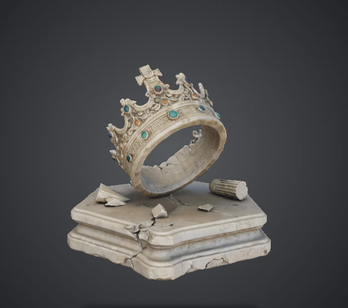 Fallen Royal Crown on Cracked Pedestal – Broken Kingdom Fantasy Display